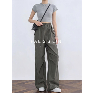 加长休闲伞兵裤 女春款 军绿色美式 直筒阔腿裤 FASILIN工装 登山裤 裤