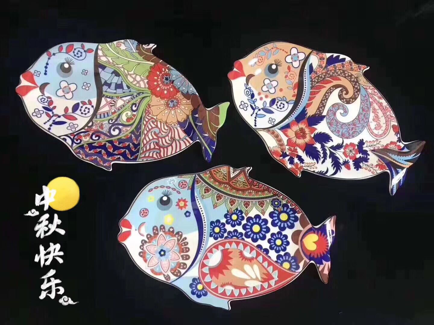 出口正品陶瓷异形果盘贴花釉下彩餐具波斯兰绿橙鱼盘14寸异域风