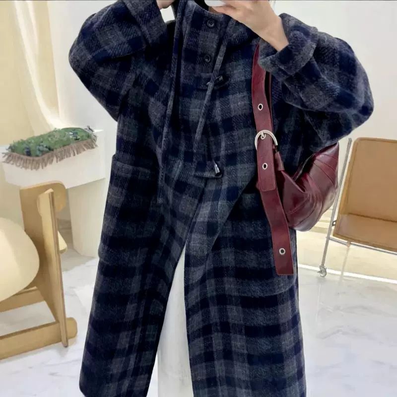 秋冬新款复古格纹拼色蓝黑格双面