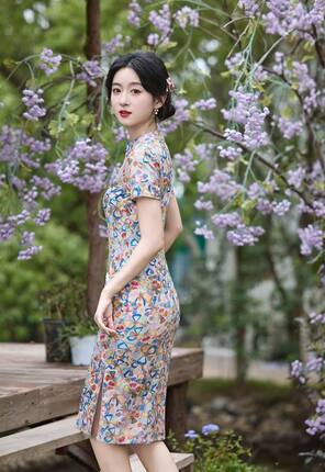 2025夏季新款中长款碎花印花旗袍有弹力单层薄款显瘦显白日常旗袍