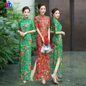 复古东北大花高弹修身 改良演出旗袍长款 年会走秀表演大码 2024新款