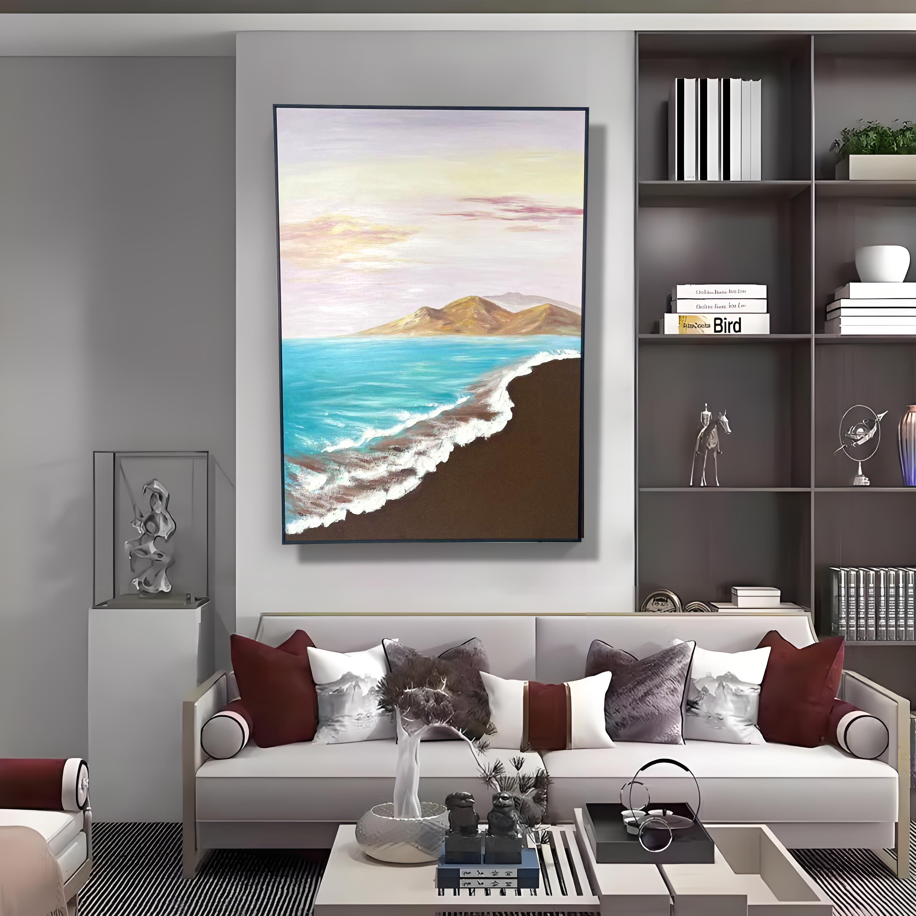纯手绘油画客厅玄关装饰画丙烯石英砂海景日出立体画抽象风景挂画图片