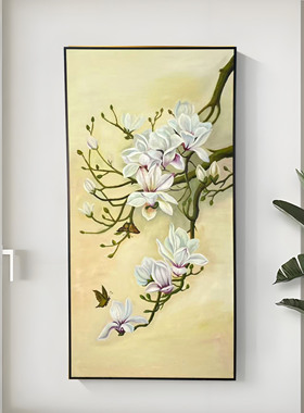 纯手绘油画玉兰花装饰画客厅玄关走廊过道挂画新中式玉兰花鸟图