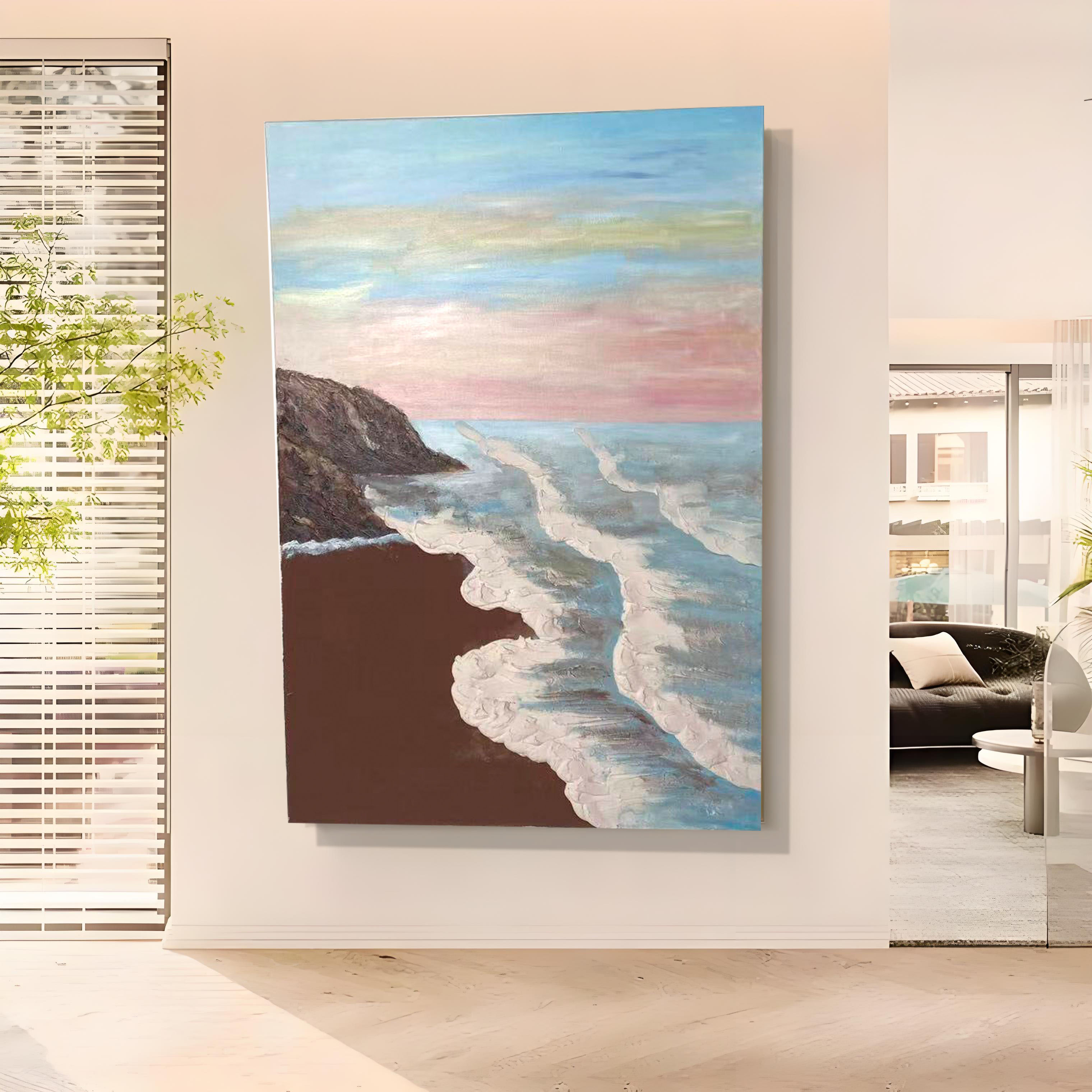 纯手绘油画客厅玄关装饰画丙烯石英砂海景日出立体画抽象奶油风图片