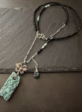 月末魔羯。原创。|飞| 老银蝴蝶扣。绿松石小牌。黑玛瑙珠。项链