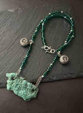 月末魔羯。原创。|绿又绿| 天然绿松石双孔件。老银坠子。项链