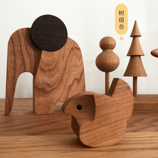 亚亚木作 实木动物玩具抽象动物树林木头装 饰摆件玩具