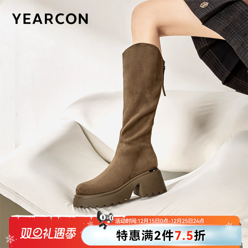 意尔康女鞋秋冬季长靴不过膝高筒靴瘦瘦靴单靴粗跟厚底骑士靴V口