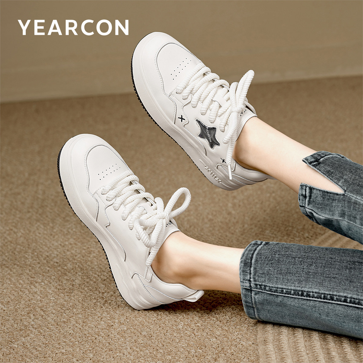 意尔康女鞋春秋季皮鞋低帮厚底休闲板鞋时尚百搭星星单鞋小白鞋