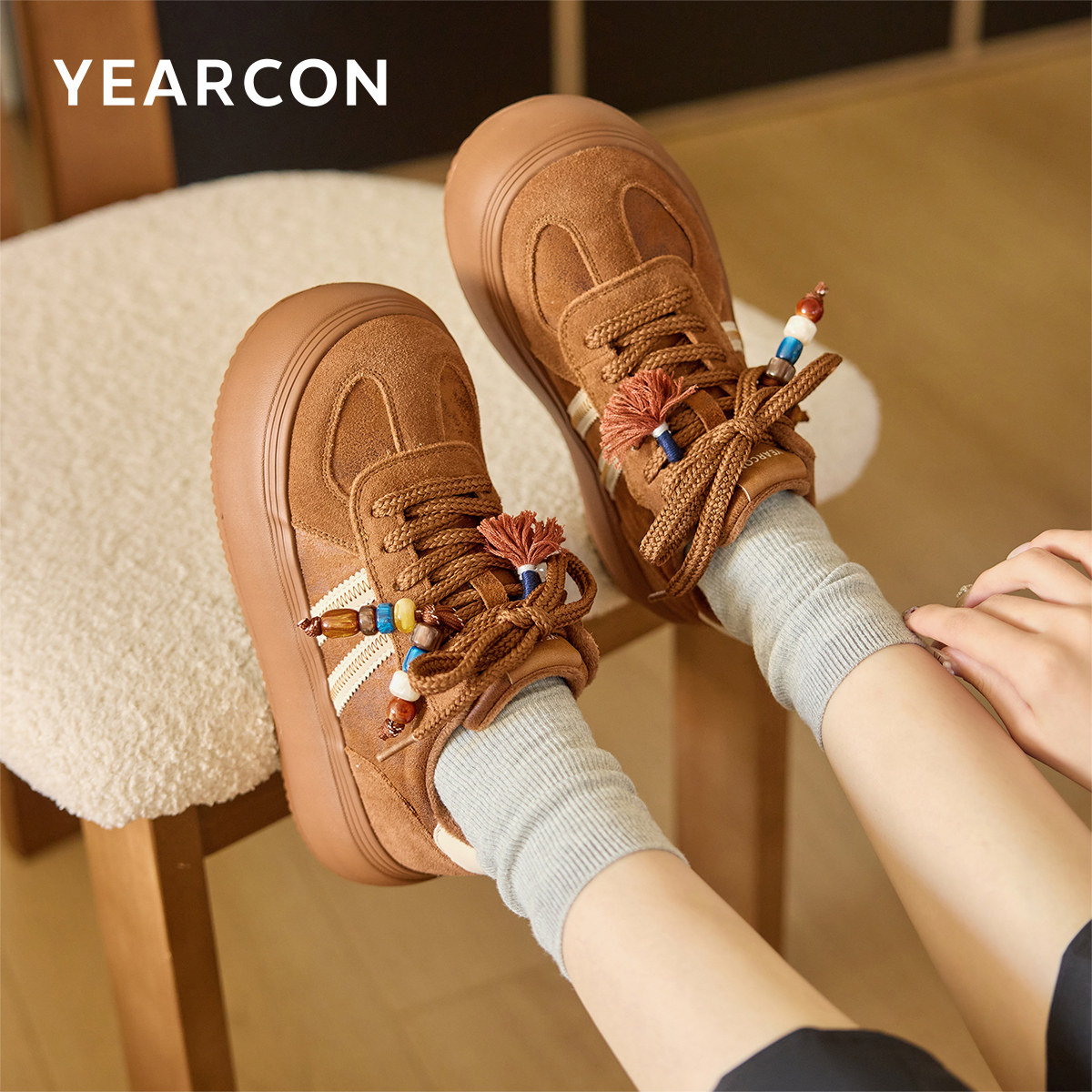 意尔康女鞋2025冬季厚底板鞋加绒保暖二棉鞋德训鞋美拉德大头鞋