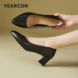 意尔康女鞋黑色单鞋真皮尖头粗跟气质女士职业工作鞋面试高跟皮鞋
