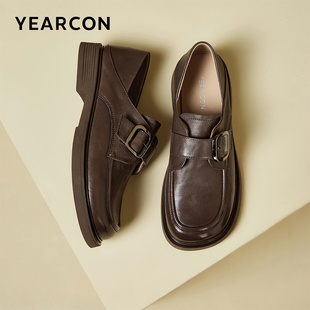 意尔康女鞋春秋季真皮粗跟休闲单鞋通勤小皮鞋女士乐福鞋英伦风