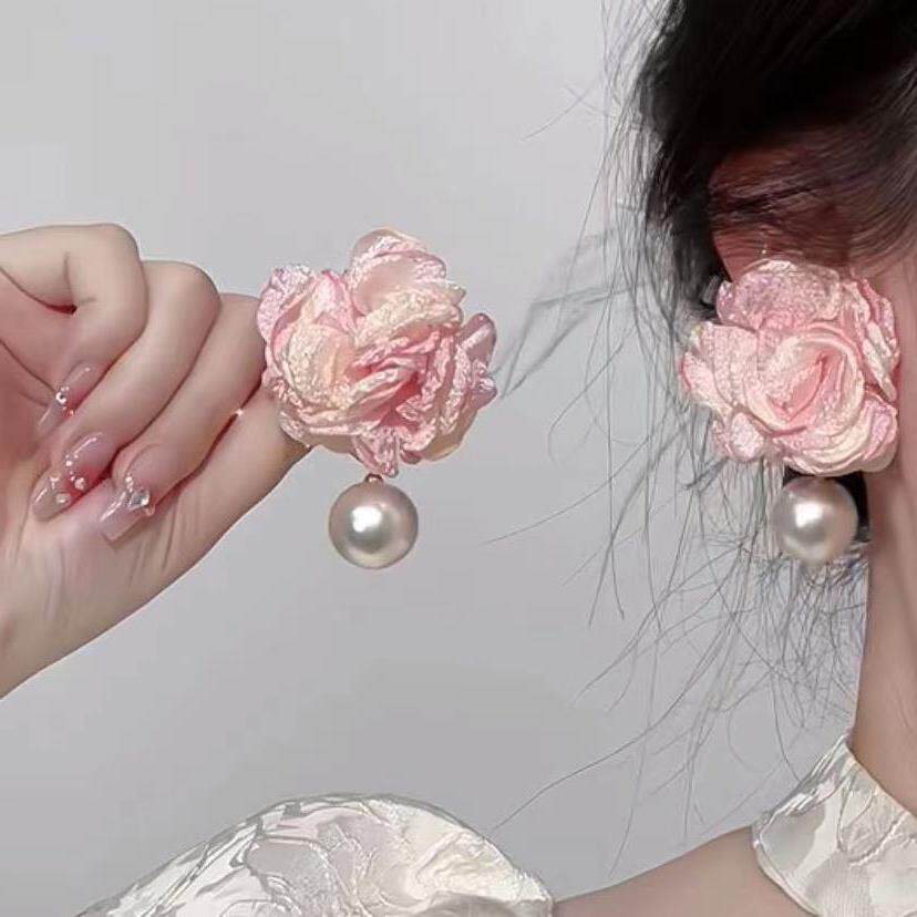 粉色花朵珍珠几何耳环小众甜美耳环女简约百搭新款耳坠耳