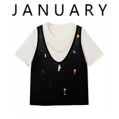 JANUARY一月 假两件设计感手工亮片钉珠黑白短袖 t恤吊带上衣女潮