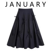 JANUARY一月 裙子 黑色蝴蝶结设计感A字半身裙女夏高腰显瘦中长款