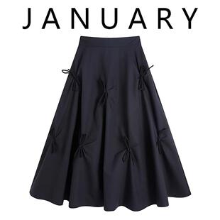JANUARY一月~黑色蝴蝶结设计感A字半身裙女夏高腰显瘦中长款裙子