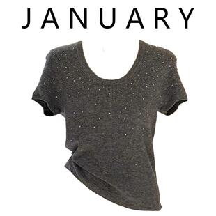JANUARY一月 T恤女宽松洋气灰色上衣 高级感气质百搭重工圆领短袖