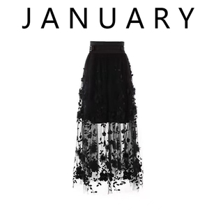 JANUARY 夏新款法式气质拼接网纱半身裙女高腰显瘦气质中长款裙子