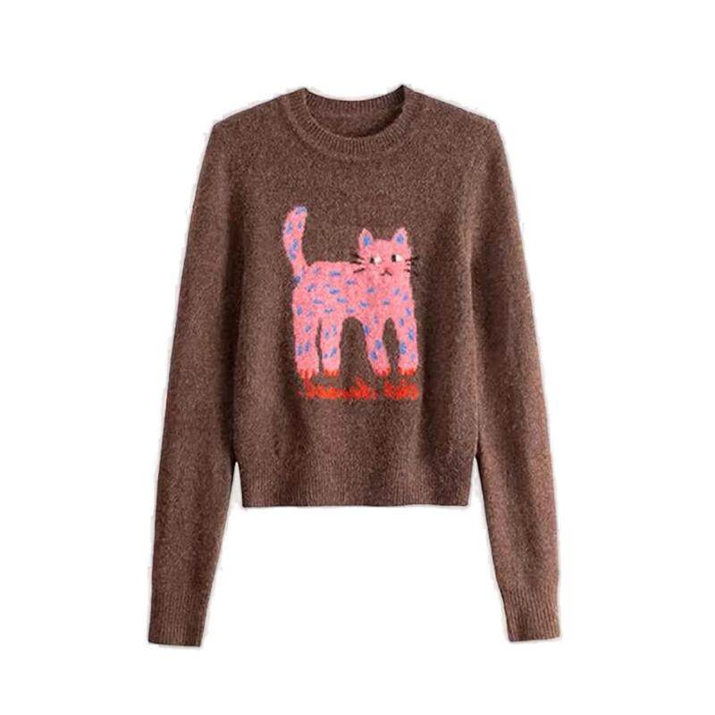 JANUARY一月~复古提花长腿卡通猫咪图案毛衣女套头针织打底女上衣