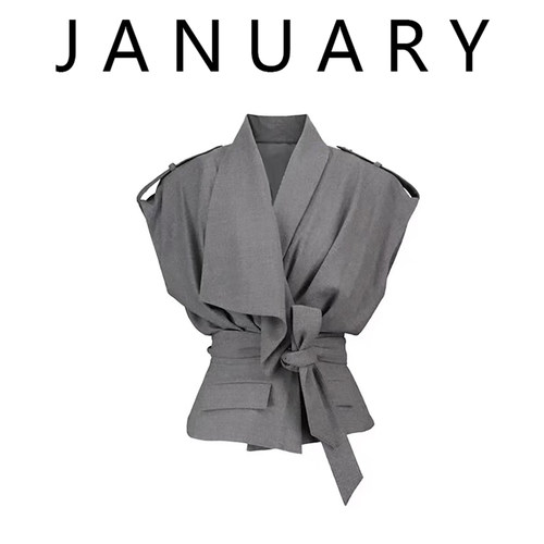 JANUARY通勤短袖西装女夏季新款法式高级感气质绑带收腰显瘦上衣