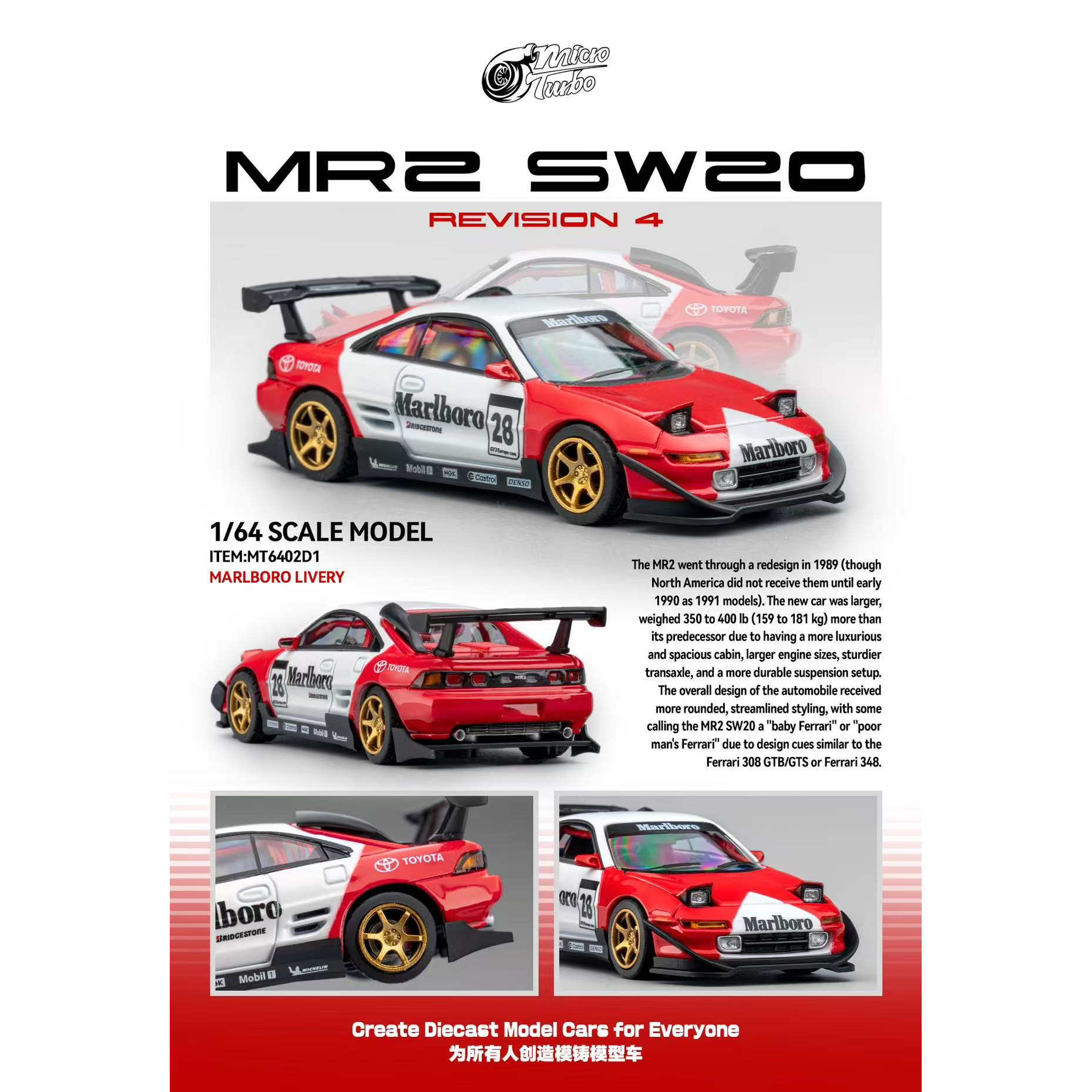 预1:64 Micro Turbo Pre-order MR-2 SW20万宝路涂装合金车模收藏