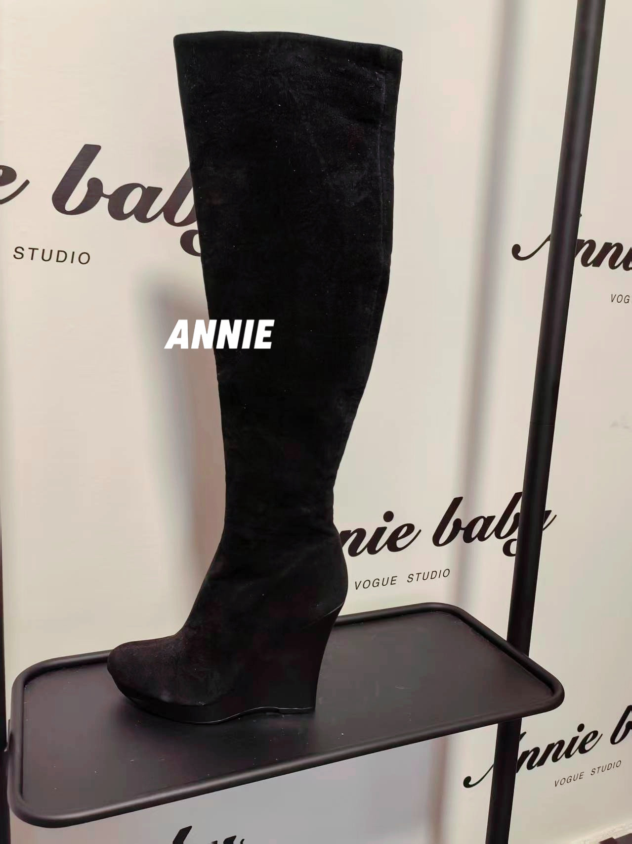 35/37孤品外贸轻奢黑色麂皮反绒女靴秋冬及膝高筒坡跟靴,女鞋,时装靴,淘宝优惠券,粉丝福利购,淘宝优惠卷