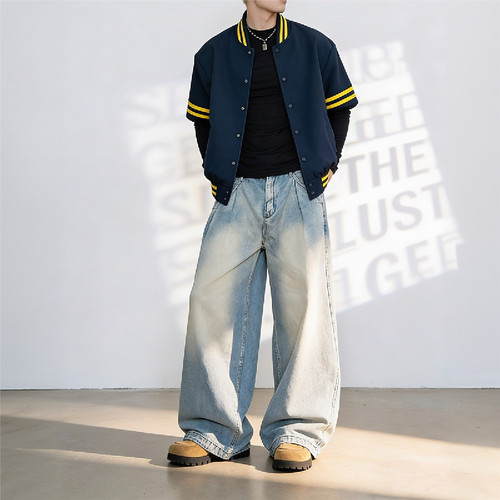 做旧磨白结构牛仔裤男女阔腿弯刀