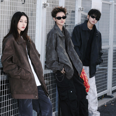 复古高街翻领皮夹克外套宽松痞帅