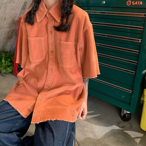 妈个鸡妈 韩国ins复古港风夏季灯芯绒口袋宽松休闲短袖衬衫男女潮