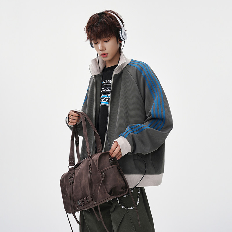 妈个鸡妈MGJM立领夹克春秋美式宽松杠条撞色休闲运动开衫外套男女,男装,夹克,淘宝优惠券,粉丝福利购,淘宝优惠卷