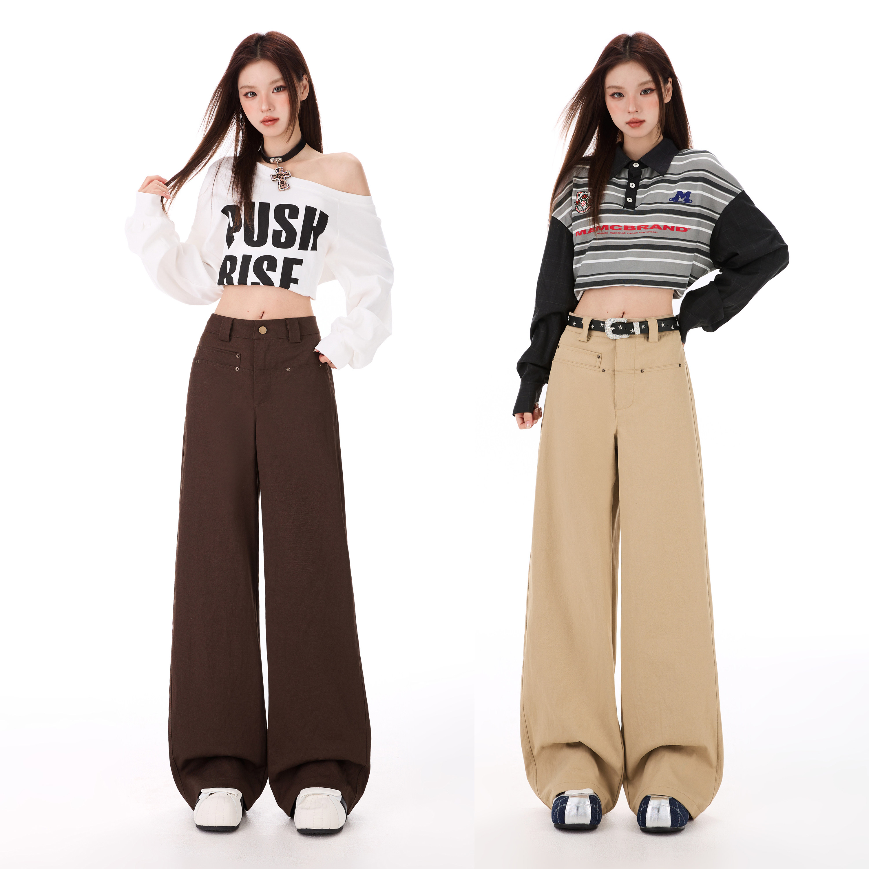 妈个鸡妈MGJM美式复古咖色铆钉口袋设计高腰宽松休闲裤阔腿男女,男装,休闲裤,淘宝优惠券,粉丝福利购,淘宝优惠卷