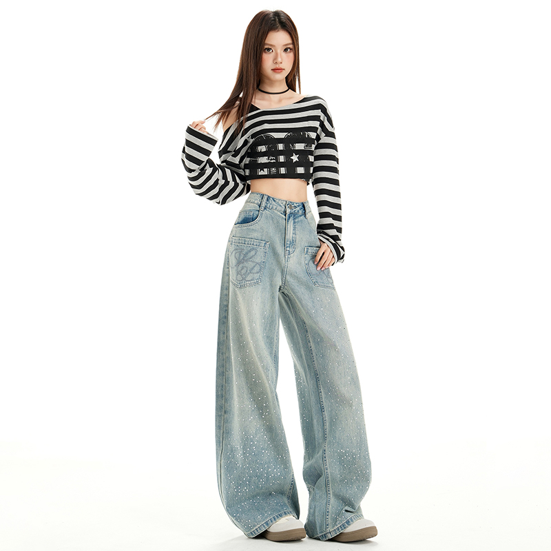 美式复古设计感烫钻牛仔裤秋季