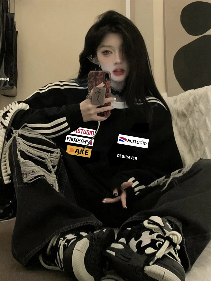 妈个鸡妈MGJM运动三杠美式标签圆领卫衣宽松情侣休闲长袖上衣男女
