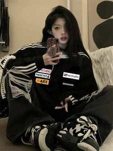 运动三杠美式标签圆领卫衣宽松