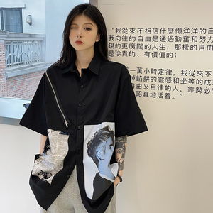 妈个鸡妈 ins嘻哈潮流夏季人物印花百搭衬衫宽松休闲短袖衬衣男女