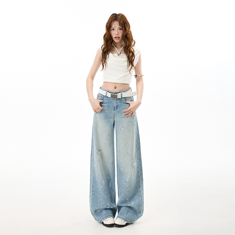 妈个鸡妈MGJM早春设计亮片高腰阔腿牛仔裤男女浅蓝色宽松破洞直筒,男装,牛仔裤,淘宝优惠券,粉丝福利购,淘宝优惠卷