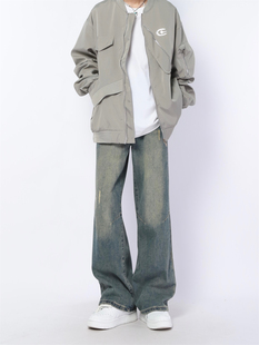 潮 子秋季 妈个鸡妈MGJM怀旧胶片复古裁剪拼接磨破牛仔裤 男女宽松裤