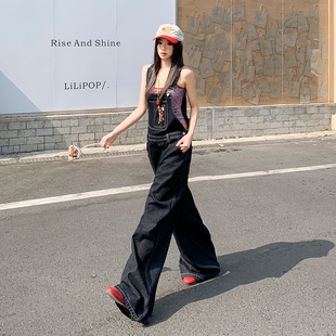 拖地 牛仔裤 妈个鸡妈MGJM美式 复古深蓝色减龄百搭慵懒风阔腿背带裤