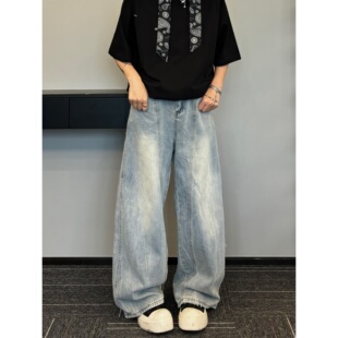 妈个鸡妈MGJM休闲美式做旧baggy弯刀牛仔裤宽松夏季阔腿裤子男女