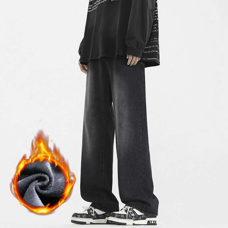 冬季加绒加厚宽松牛仔裤直筒长裤