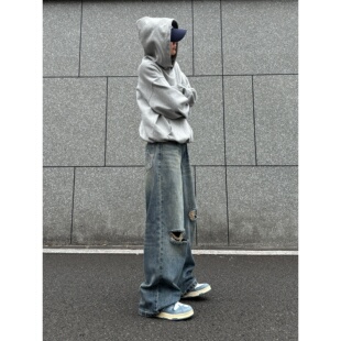 妈个鸡妈MGJM做旧复古蓝阔腿破洞牛仔裤长裤春夏宽松显瘦裤子男女