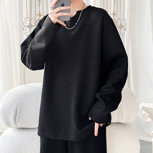 街头风大码V领长袖T恤宽松百搭