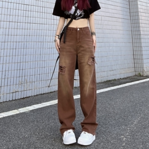 妈个鸡妈 ins复古美式高街破洞直筒水洗牛仔裤休闲宽松阔腿裤男女