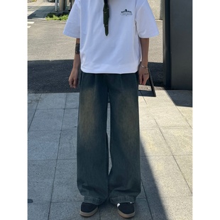 妈个鸡妈MGJM美式做旧泛黄拖地褶皱牛仔裤夏季宽松阔腿长裤男女潮