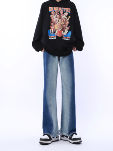 妈个鸡妈 ins嘻哈四季拼接渐变毛边微喇阔腿裤直筒宽松牛仔裤男女