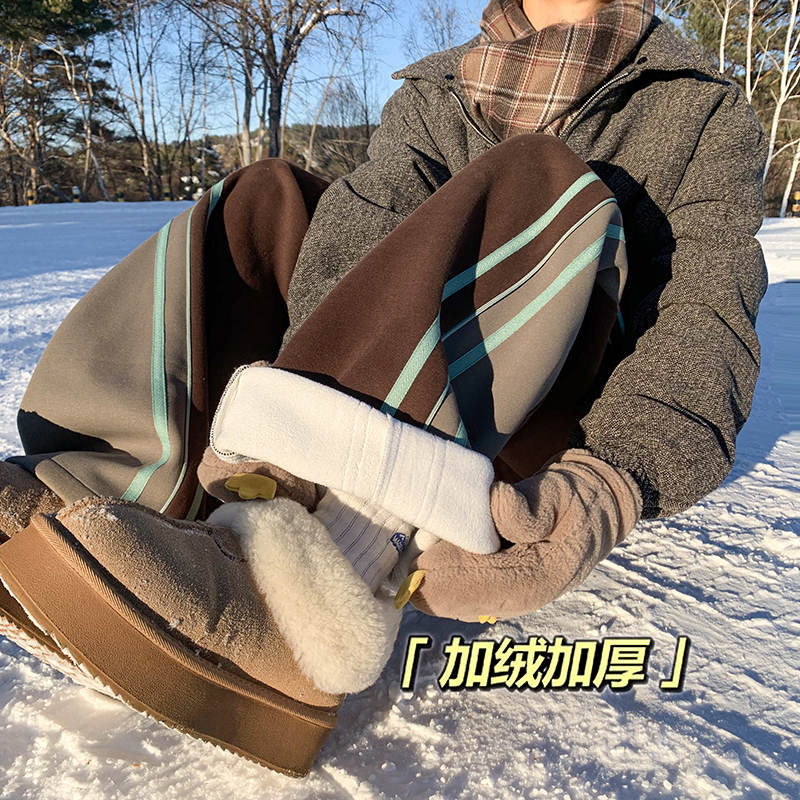 复古条纹撞色加绒潮牌休闲裤卫裤