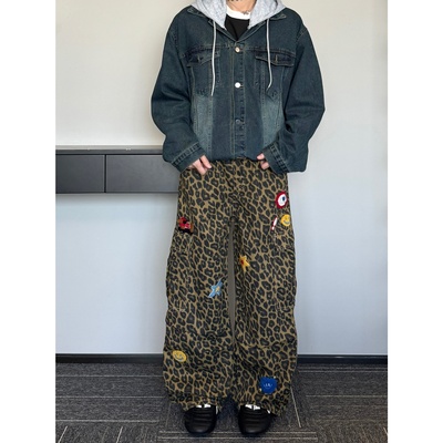 hippop舞蹈裤卡通刺绣豹纹牛仔裤