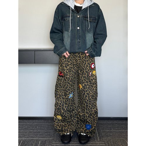 hippop舞蹈裤卡通刺绣豹纹牛仔裤