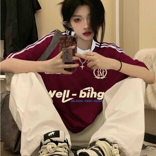 妈个鸡妈MGJM美式三杠字母印花运动休闲短袖夏季宽松情侣T恤男女