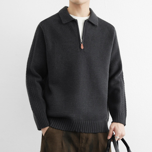 高端翻领半拉链套头毛衣男士2025年新款秋冬季针织打底POLO衫男款